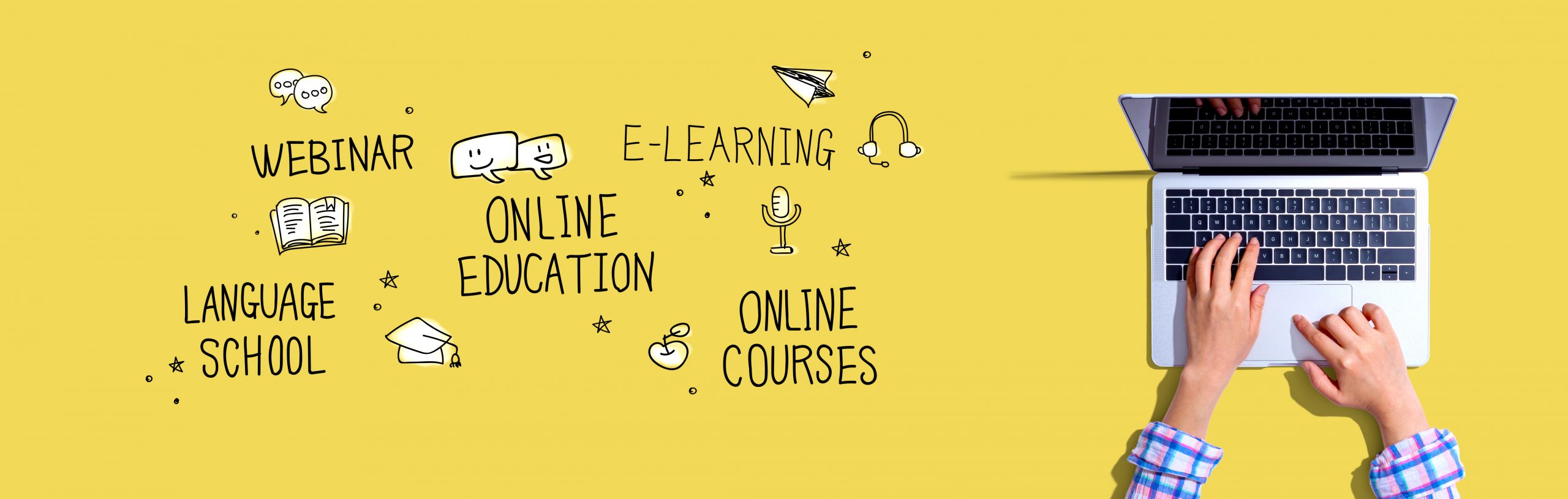 Online education theme with woman using a laptop computer